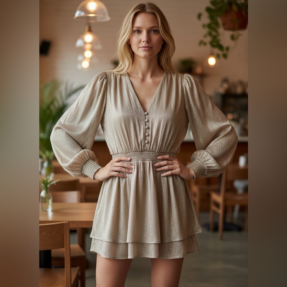 TUCKERNUCK ANNA CATE GOLD LAME SHIMMER LONG SLEEVE SKATER STYLE FLOWY MI…